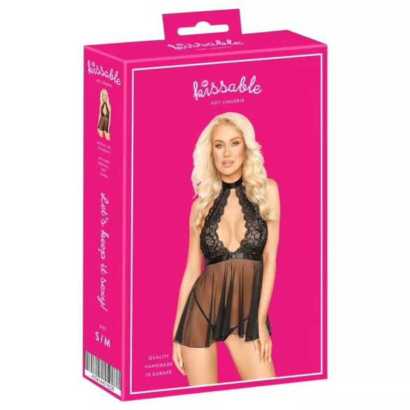 Kissable - нощница babydoll с яка и дантела - черна