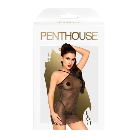 Penthouse Bombshell - бляскава прозрачна рокля и стринг (черен) - M/L
