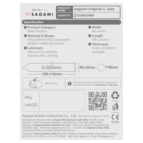 Sagami Original 0,02 L - презерватив - ултратънък - 58мм (3бр)