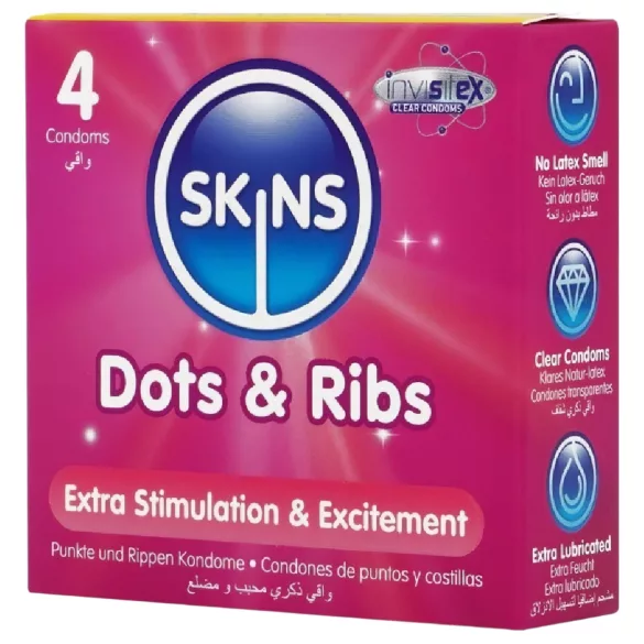Skins - презервативи с оребрение и точки - 4 броя