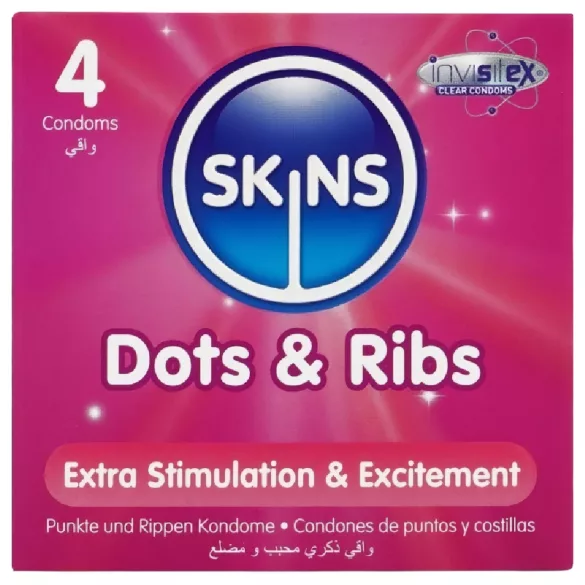 Skins - презервативи с оребрение и точки - 4 броя