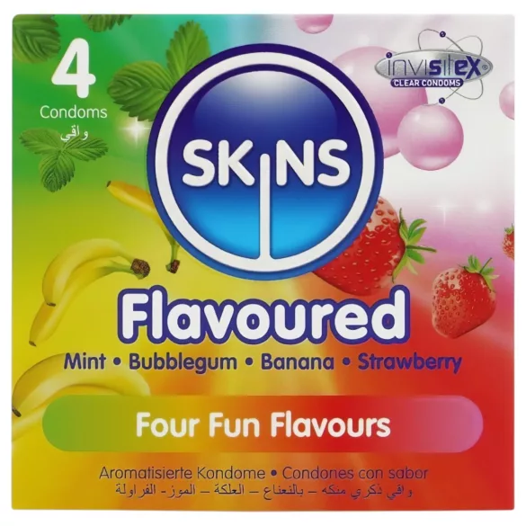 Skins - ароматизиран презерватив - мента, дъвка, банан, ягода (4 бр.)