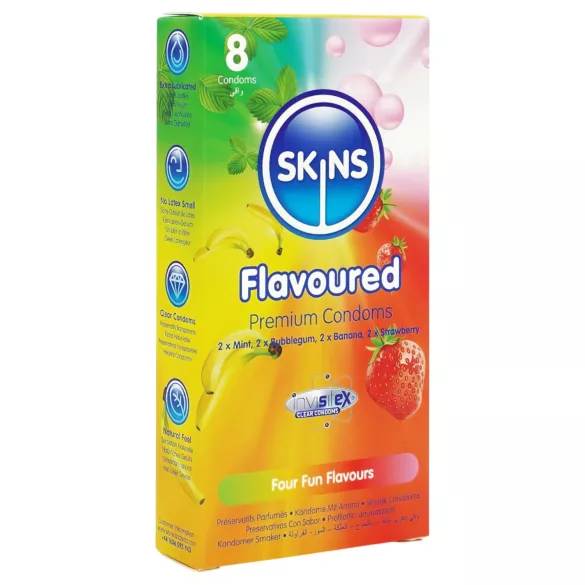 Skins - ароматизирани презервативи - мента, дъвка, банан, ягода (8 бр.)