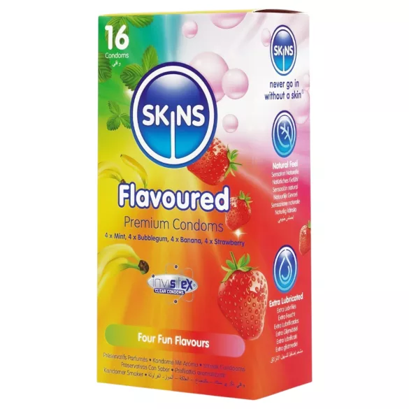 Skins - ароматизиран презерватив - мента, дъвка, банан, ягода (16 бр.)