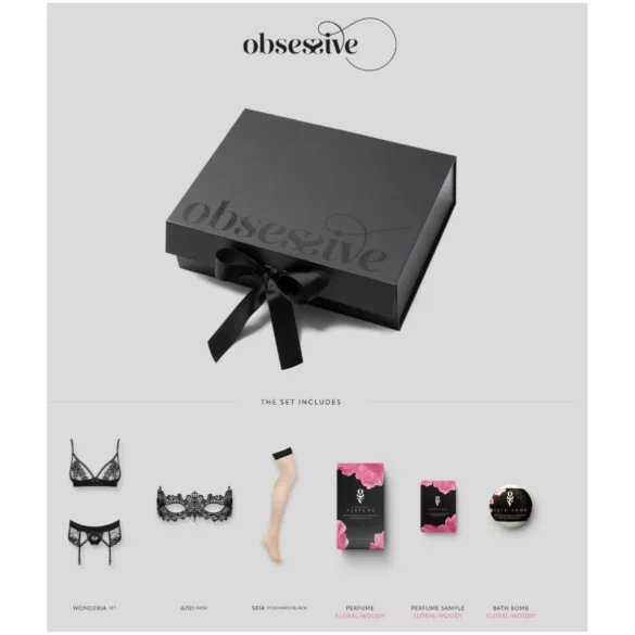 Obsessive Wonderia - комплект бельо в подаръчна кутия - 6 части (черно) - L/XL