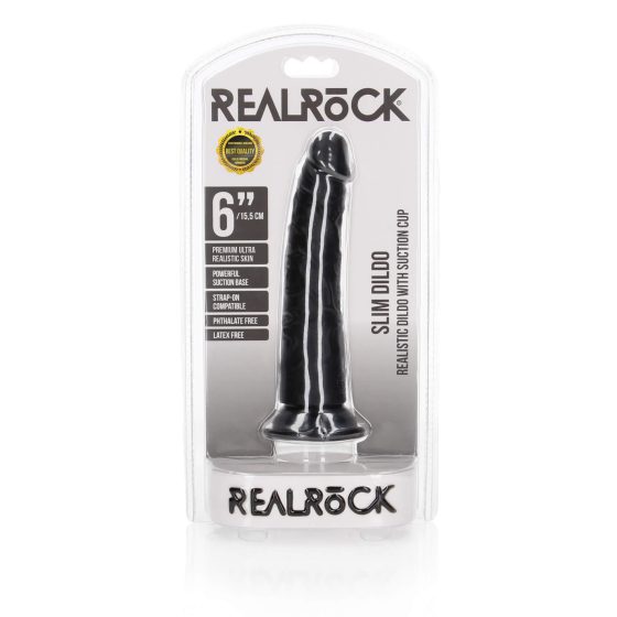 RealRock Slim - реалистичен вибратор с лепкави крачета - 15,5 см (черен)