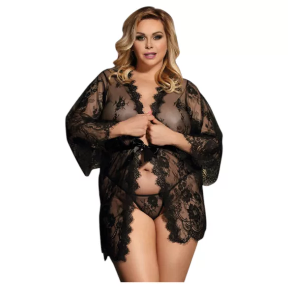 Subblime Queen Plus - дамски сатенен халат с дантела - черен (XL-2XL)