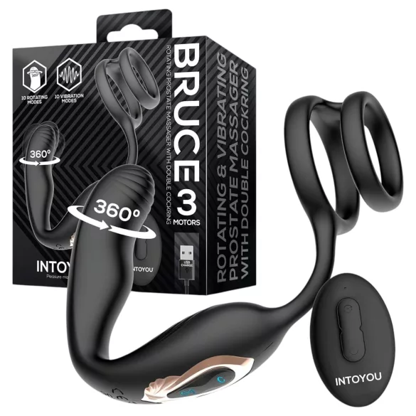 IntoYou Bruce - въртящ се простатен вибратор с двойни пръстени за радиоуправление (черен)