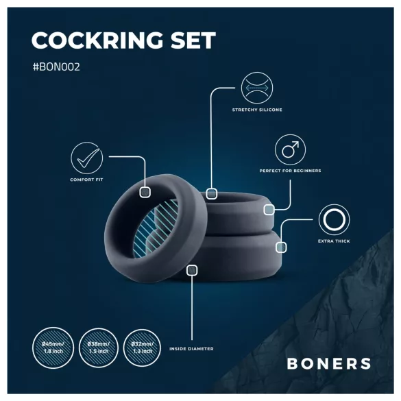 Boners - комплект силиконови пенис рингове - 3 броя - сив