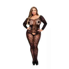   Baci - еротичен чорапогащник с дълъг ръкав и мотив - черен, plus size (XL-XXL)