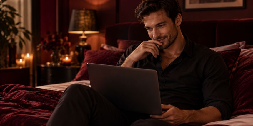 Мъж седи на легло с лаптоп и чете съвети за мастурбация | lovesexshop.bg секс шоп