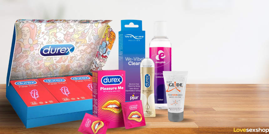 Комплект презервативи Durex и разнообразни интимни лубриканти за чувствено удоволствие и сигурност.